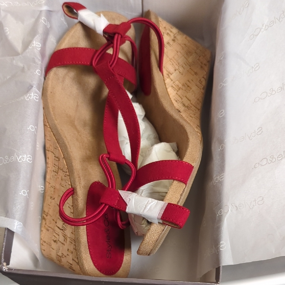 NIB Style & Co. Red and Tan Wedge Sandals